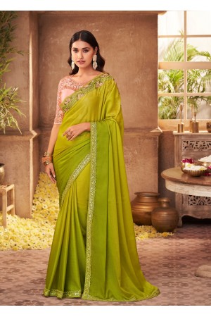 Parrot Green & Pink  Majestic Silk Saree